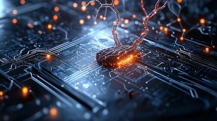 Poster - vibrant brain illustration on circuit board, showcasing neural connections and glowing elements, symbolizes advanced technology and intelligence