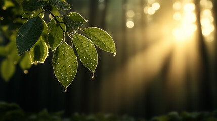 Poster - Lush green leaves glisten with dew in serene forest at sunrise, capturing beauty of nature tranquility and warm glow of sunlight filtering through trees