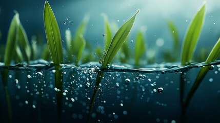 Poster - serene wetland ecosystem with green grass blades emerging from water, surrounded by bubbles, creating tranquil atmosphere