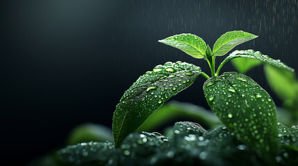 Poster - macro shot of green leaves with water droplets, showcasing nature beauty and freshness. vibrant green contrasts with dark background, creating serene atmosphere