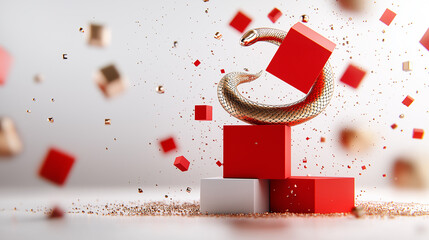 Fototapete - golden snake coils around colorful cubes, creating dynamic abstract scene. vibrant red and white blocks contrast with shimmering gold, evoking sense of movement and energy