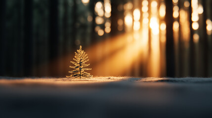 Poster - small tree illuminated by sunlight in dense forest, creating serene atmosphere. rays of light filter through trees, enhancing tranquil scene