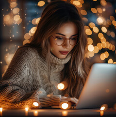 Poster - A young woman working on transforming social media blogs, with added atmosphere of magic and light New Year mood.