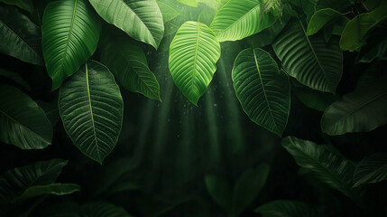 Poster - Lush green leaves in tropical rainforest canopy with sunlight filtering through, creating serene and vibrant atmosphere