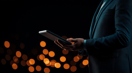 Poster - business leader holding tablet in dark setting with bokeh lights. scene conveys professionalism and modern technology