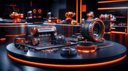Poster - futuristic robotics lab showcasing advanced technology and components, featuring intricate machinery and glowing orange accents. environment is sleek and modern, emphasizing innovation