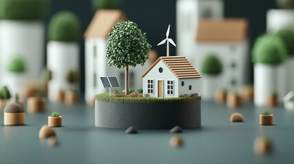 Aufkleber - miniature eco friendly house with solar panels and wind turbine, surrounded by greenery and small plants, represents sustainable living in modern city