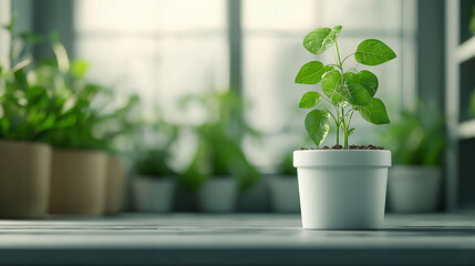 Aufkleber - small green plant in white pot sits on wooden table, surrounded by lush greenery in background. soft light creates serene atmosphere, perfect for indoor gardening