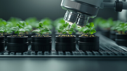 Aufkleber - close up view of microscope examining small plants in pots, showcasing scientific research in botany. scene highlights intricate details of plant growth and development
