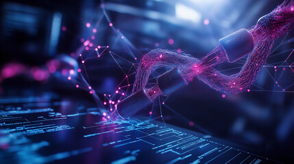 Poster - futuristic visualization of quantum entanglement with glowing connections and digital elements. intricate design showcases technology and innovation in captivating manner
