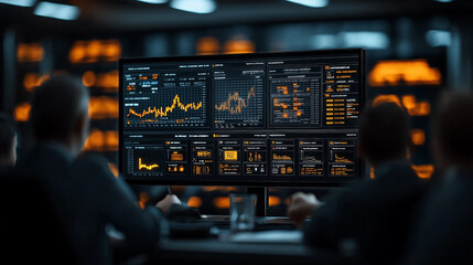 Fototapete - Team analyzing data on large screen in corporate boardroom, showcasing graphs and statistics. atmosphere is focused and professional