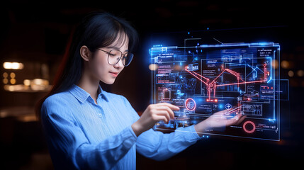 Leinwandbilder - woman interacts with futuristic holographic interface, showcasing advanced technology and data visualization. scene conveys innovation and engagement in digital environment
