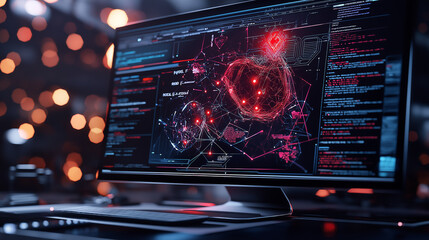 Poster - Futuristic digital interface displaying complex data visualizations and networks. vibrant colors and intricate designs create high tech atmosphere, ideal for technology enthusiasts