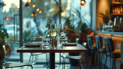 Poster - In a restaurant with open plan large windows.