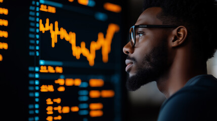 Poster - ESG investor analyzing performance metrics on digital screen, showcasing financial data and trends. focused expression highlights importance of investment decisions
