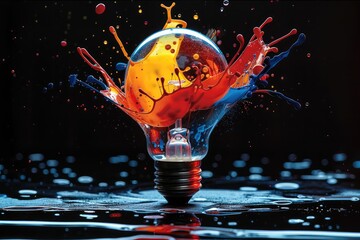 Poster - Shattered light bulb with vibrant paint splashes frozen mid-air, dramatic spotlighting, black background.