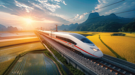 Aufkleber - A high-speed train passing through rice fields symbolizes the efficiency and speed of public transportation.