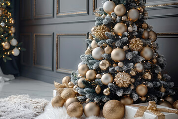 Poster - Christmas tree with modern ornaments in gold.