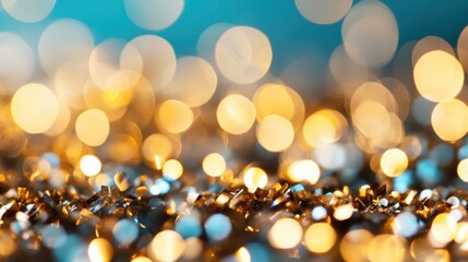 Poster - A close-up of golden glitter particles paired with blue bokeh highlights, creating a vibrant and sparkling decorative effect.