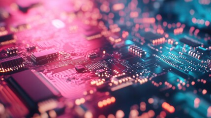Poster - Detailed view of an electronic circuit board with vibrant pink and blue lighting, showcasing technology and innovation.