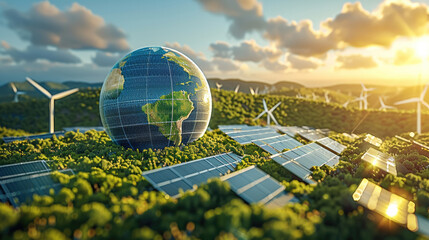 Aufkleber - A globe surrounded by solar panels and wind turbines on the green field, with blue sky and golden hour lighting, symbolizing sustainable energy practices.