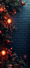 Wall Mural - Festive Christmas decoration with red ornaments and lanterns on dark wall