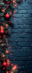 Wall Mural - Festive Christmas decorations with red ornaments, pine branches, and lights