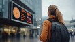 © khonkangrua - Woman with backpack gazes at digital clock in modern urban train station during twilight hours