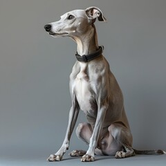 A grey dog with a black collar sits on a grey surface