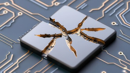 a damaged microchip with broken circuits, dramatic lighting and intricate details