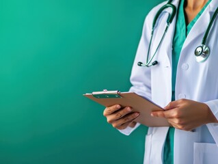 Aufkleber - A healthcare professional in a white coat holds a clipboard, dressed in green scrubs, against a teal background.