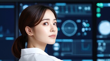 Leinwandbilder - A focused woman in a lab coat looks towards digital displays, embodying a modern scientific environment.