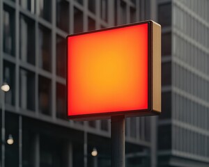 Aufkleber - A bright red square sign stands against a modern building, creating a striking contrast in urban architecture.