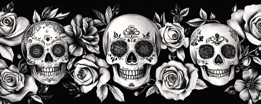 Graceful Day of the Dead design with bold black and white tones, highlighted by delicate sugar skulls and rose motifs for a sophisticated appearance