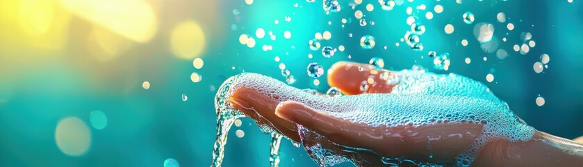 Aufkleber - A close-up of a hand catching sparkling water droplets against a vibrant background, evoking freshness and vitality.