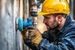© Mikki Orso - Skilled worker installing water pipes at home entrance with warm lighting and professional quality