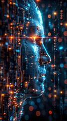 Poster - Futuristic AI face, circuit board design, glowing lights.