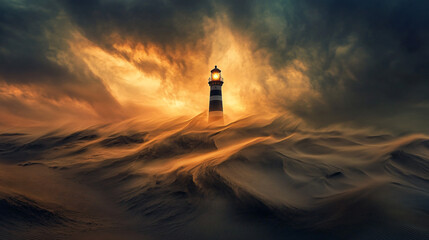 Wall Mural - A craggy desert lighthouse surrounded by wind-swept dunes, its light flickering weakly in the dark.