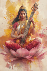 Vasant Panchami Social Media Poster Featuring Goddess Saraswati Motifs and Copyspace for Personalized Messages and Greeting