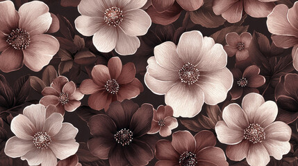 Aufkleber - Delicate blossoms in shades of mocha mousse bloom vibrantly, set against a rich, dark background, evoking tranquility and artistic beauty