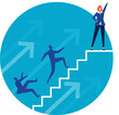© Frogella.stock - Businesswoman celebrating reaching the top of the stairs, representing career success, while other businessmen are struggling, climbing or falling, depicting competition and challenges in business
