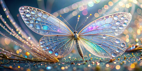 Poster - A delicate butterfly showcases its iridescent wings adorned with water droplets, resting on a sparkling surface at twilight, creating a mesmerizing display of colors and light