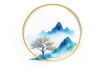 Wall Mural - a simple chinese-style logo, golden metal lines, a gold-colored tree on the mountain with a white ba