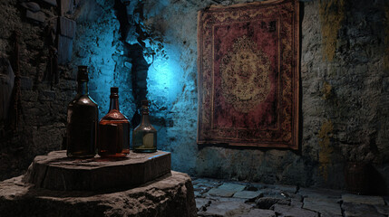 Wall Mural - A crumbling cellar with faded tapestries and an eerie blue light illuminating ancient bottles on a stone table.