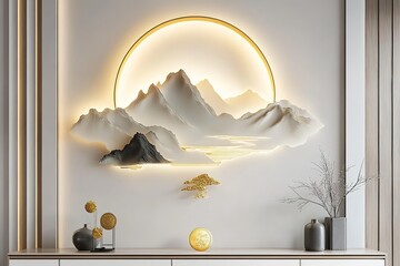 Wall Mural - a minimalist, modern chinese-style wall lamp with three-dimensional mountain and water elements, fea