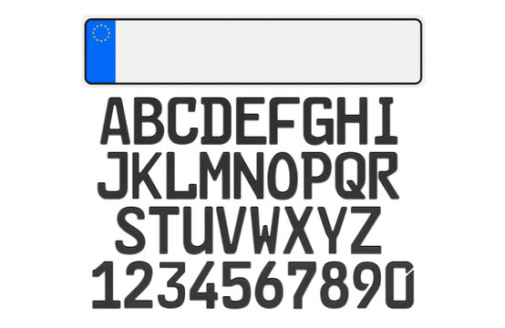 Blank vehicle registration plate with set of numerals and letters, 3D rendering isolated on transparent background
