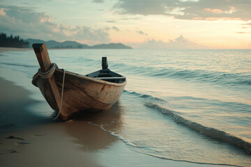 Wall Mural - A serene beach scene featuring a wooden boat on the shore at sunset.