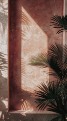 Poster - A captivating shadow stretches across a rustic wall, framed by lush plant leaves, evoking a peaceful ambiance during the golden hour