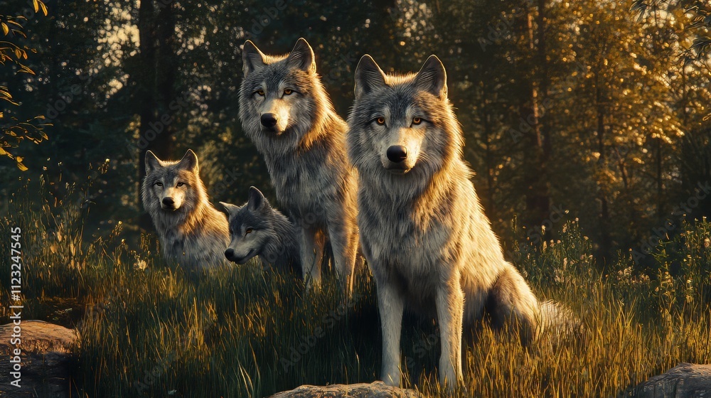 Friendly family of wolves. three wolves on green grass. stock photo ...
