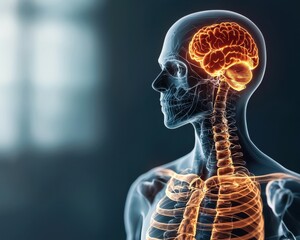 Poster - A digital illustration of a human skeleton with a highlighted brain, showcasing the connections between the skeletal and nervous systems.